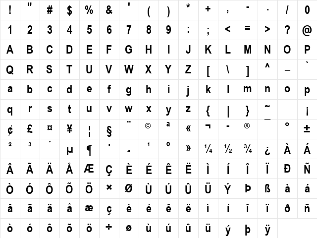 Arial Narrow Bold Character Map