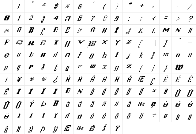 FZ UNIQUE 24 ITALIC Normal Character Map