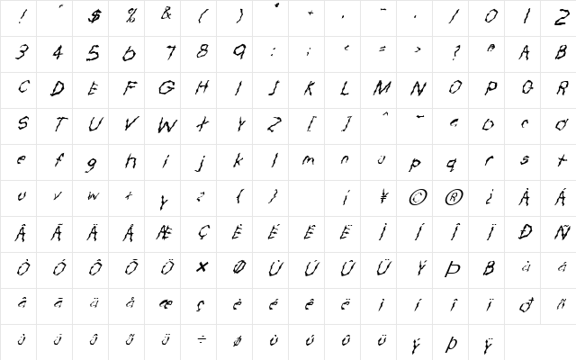FZ WACKY 57 ITALIC Normal Character Map