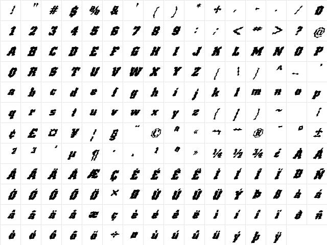 FZ WACKY 67 ITALIC Normal Character Map