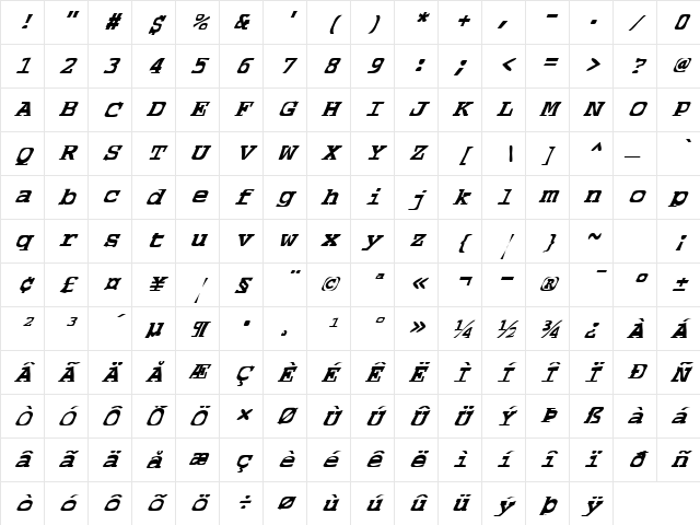 FZ WARPED 39 ITALIC Normal Character Map FZ WARPED 39 ITALIC Normal Character Map