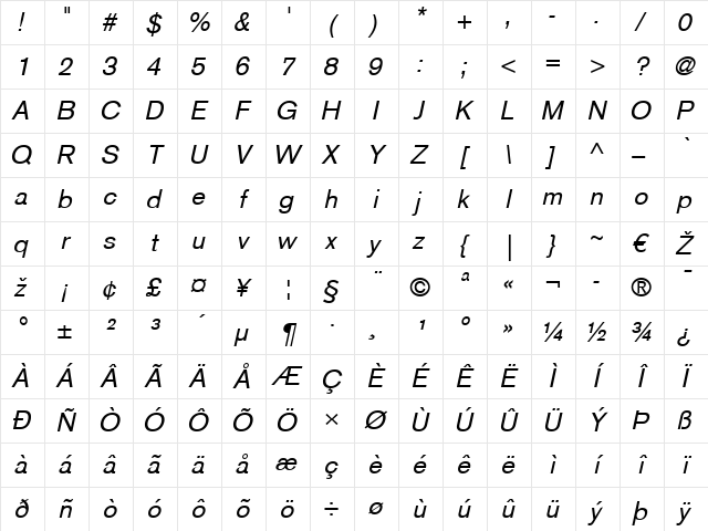 BasicCommercial LT Roman Italic Character Map