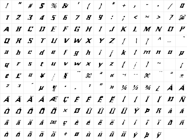 FZ WARPED 43 ITALIC Normal Character Map