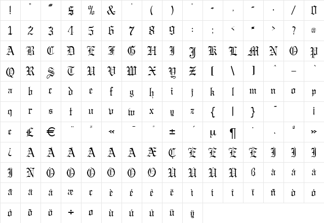 G820-Blackletter Regular Character Map