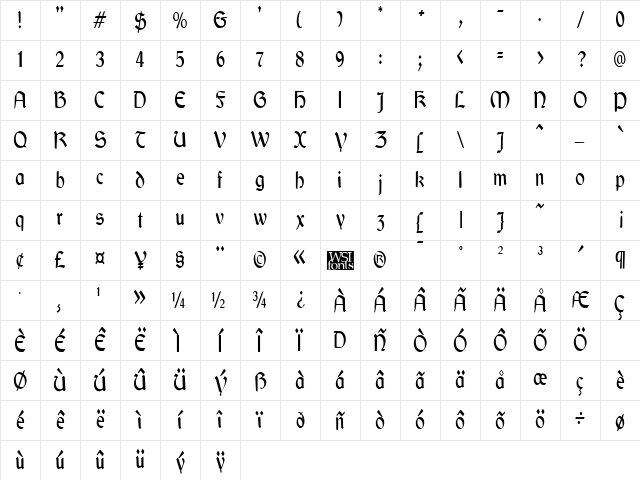 GaelicCondensed Regular Character Map
