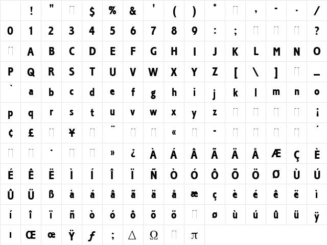 Corinthian Bold Condensed Regular Character Map