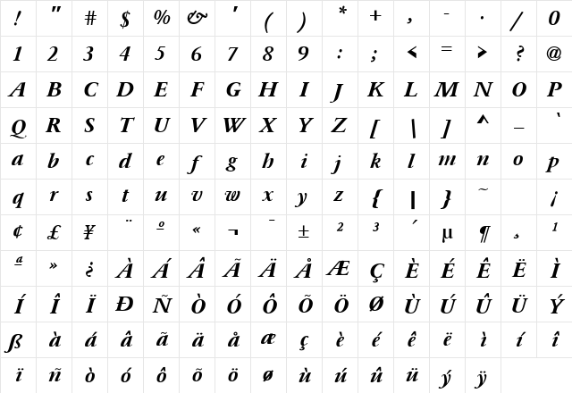 Garamond Bold-Italic Character Map