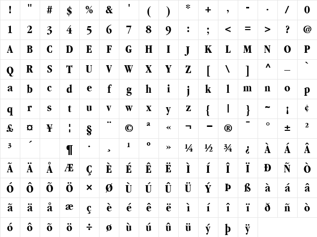 Garamond BoldCondensed Character Map