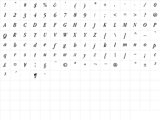 Garamond BookCondensedItalic Character Map