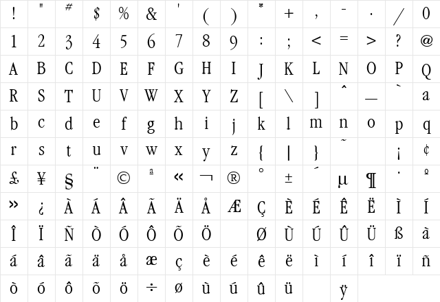 Garamond Regular Character Map