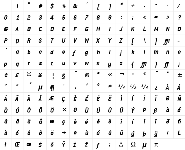 Conduit ITC Light Bold Italic Character Map Conduit ITC Light Bold Italic Character Map