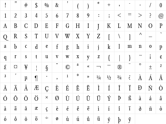 GaramondBE-Condensed Roman Character Map
