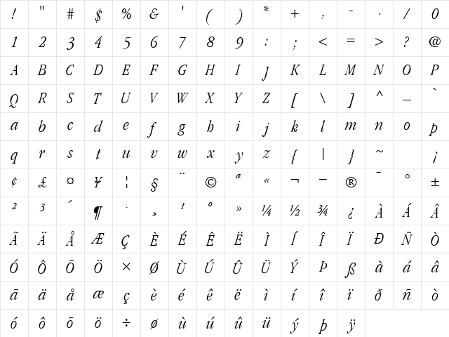 GaramondLightCondSSK Italic Character Map GaramondLightCondSSK Italic Character Map