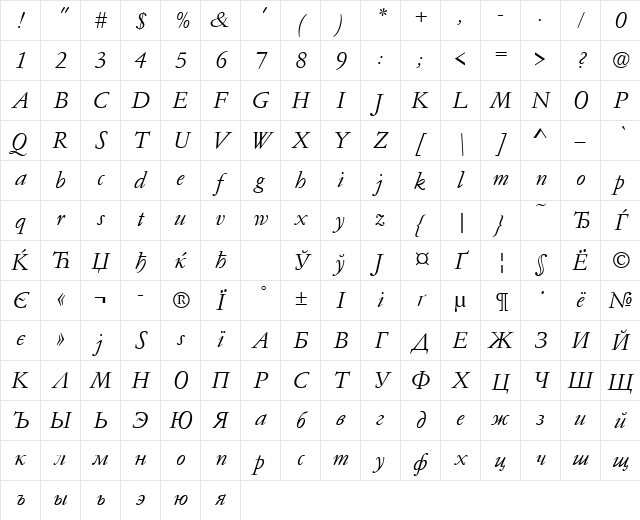 GaramondNo4CyrTCYLig Italic Character Map