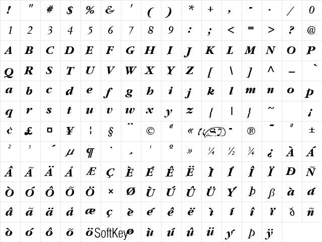 Garnet Bold Italic Character Map