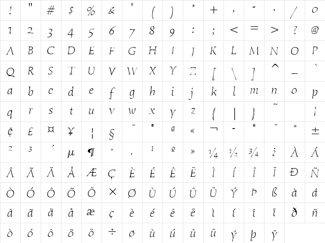 Humana Serif ITC Light Italic Character Map