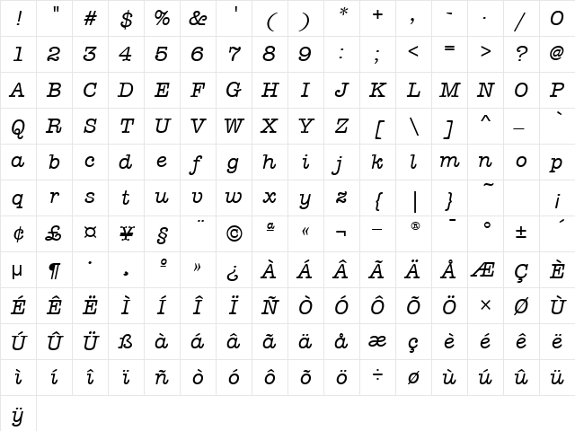 AmTypewriterMdITCTT Italic Character Map AmTypewriterMdITCTT Italic Character Map