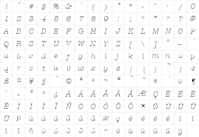 AmTypewriterITC Light Italic Character Map