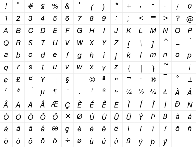 Geneva Italic Character Map