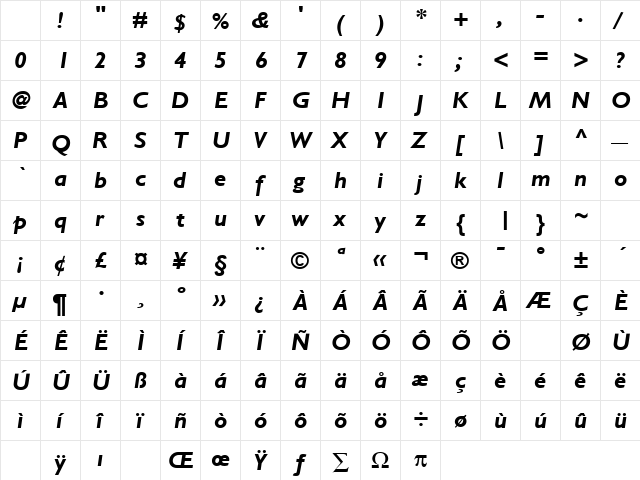 Gentle Bold Italic Character Map
