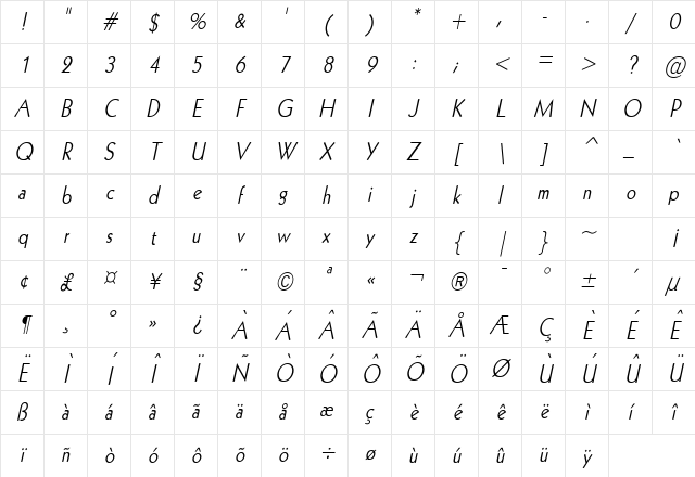 Geo 112 Condensed Italic Character Map