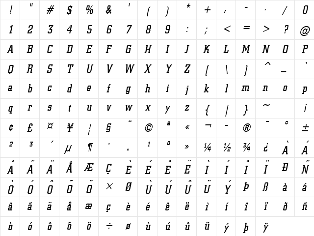 Geo 957 Condensed Italic Character Map Geo 957 Condensed Italic Character Map