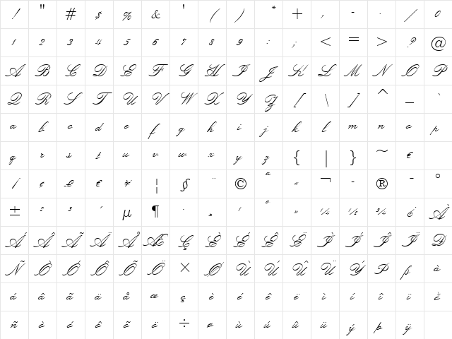 Lucia BT Regular Character Map