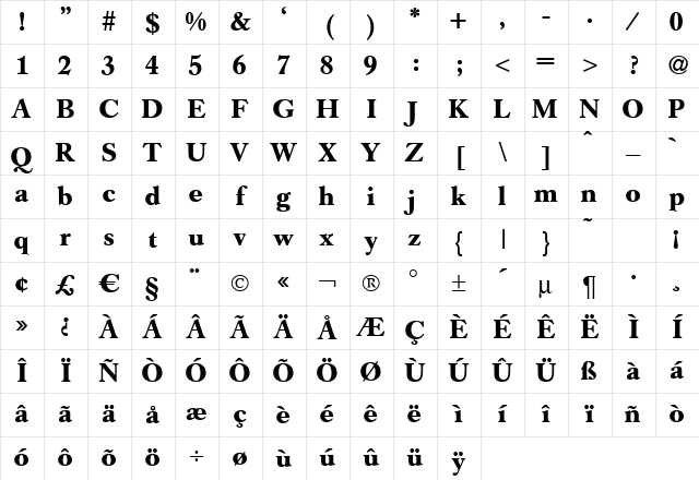 GermanCaslon Bold Character Map