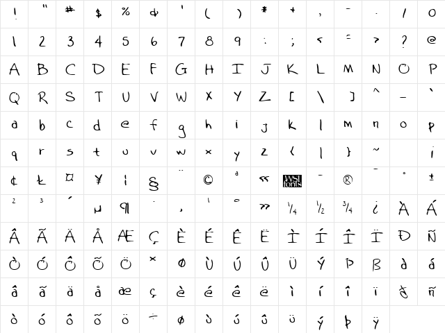 AstersHand Regular Character Map