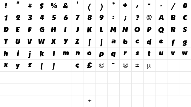 AnakeimDisplaySSK Italic Character Map