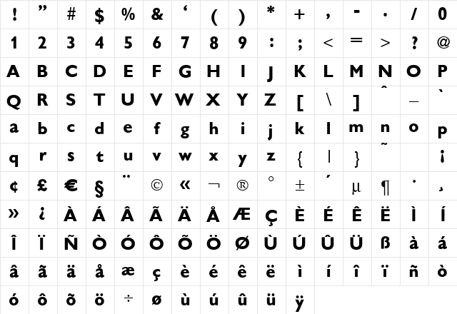 Gibson Bold Character Map