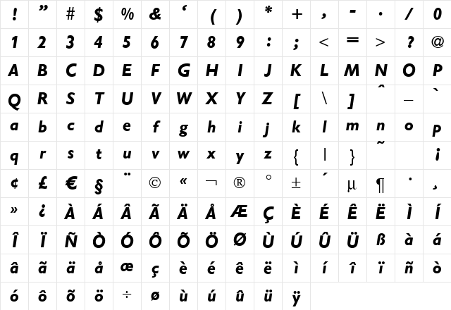 Gibson BoldItalic Character Map Gibson BoldItalic Character Map