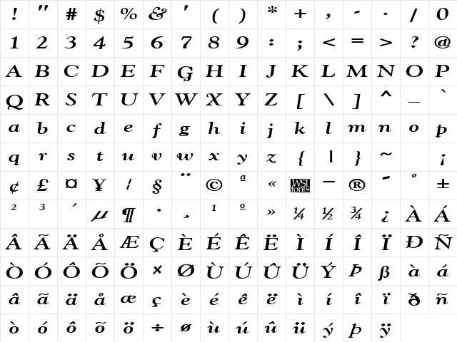 GildeBroad Bold Italic Character Map