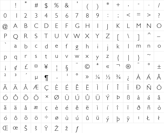 Gill Light SSi Light Character Map Gill Light SSi Light Character Map