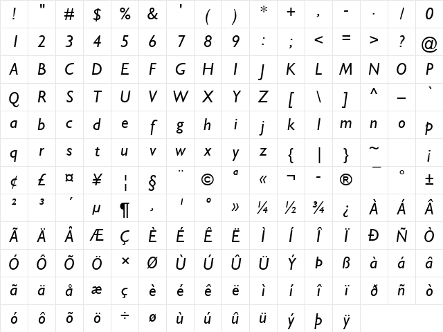 Gill Sans Italic Character Map