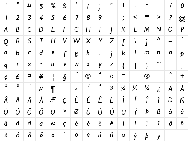Gill Sans MT Italic Character Map
