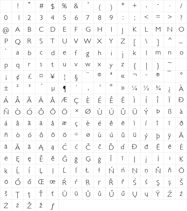 Gill Sans Light Regular Character Map