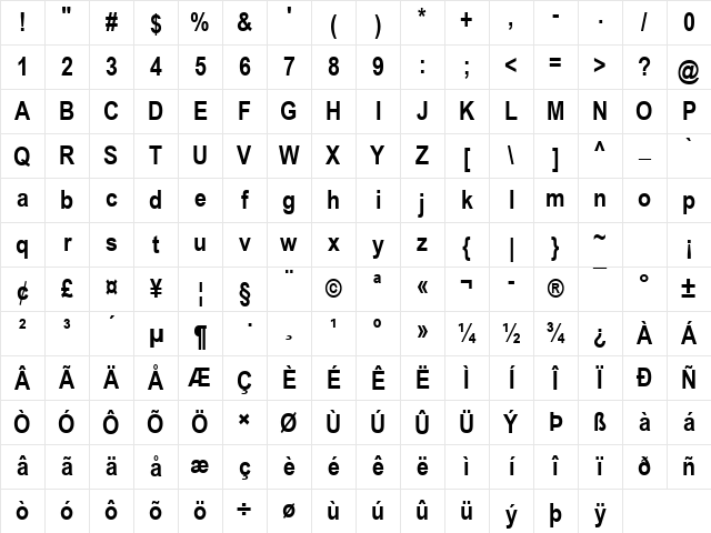 Arial Narrow Bold Character Map