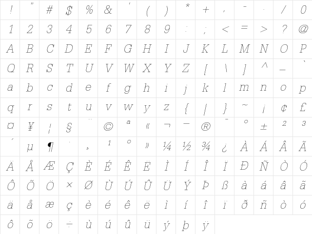 Glypha35-Thin ThinItalic Character Map