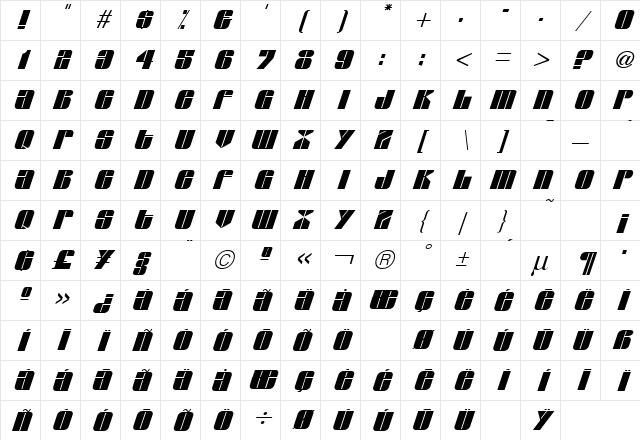 Glyphic Series Italic Character Map