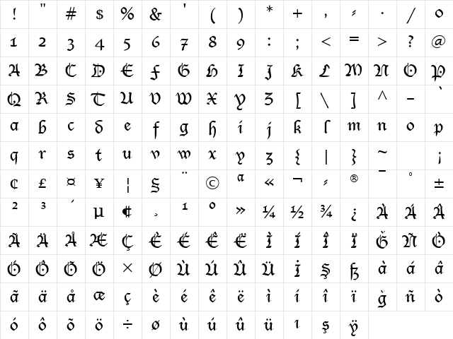 Lucida Blackletter Regular Character Map Lucida Blackletter Regular Character Map