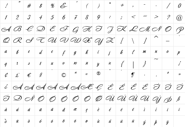 Andantino script Regular Character Map