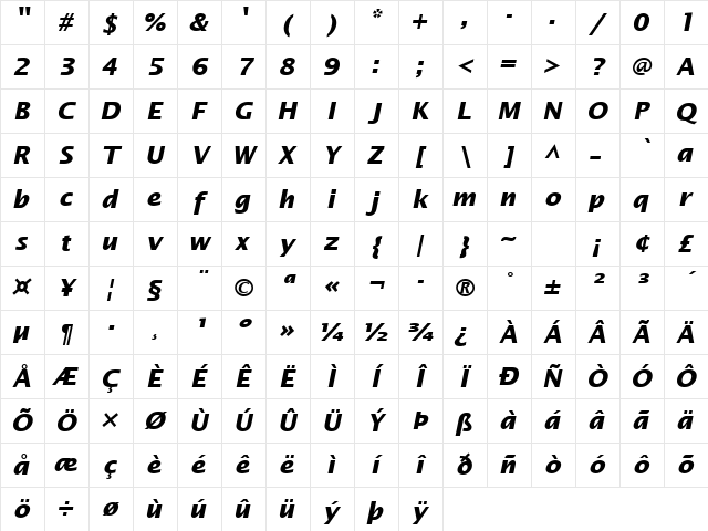 Lucida Becker Sans Bold Italic Character Map