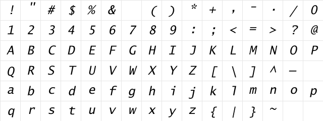 LucindaSansTypewriter Oblique Character Map