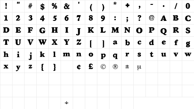 GrafeDisplaySSK Regular Character Map