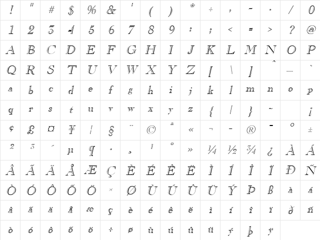 Gravure Italic Character Map