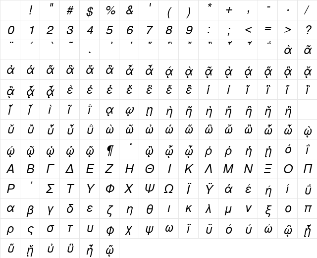 GreekSansAncientSSK Italic Character Map GreekSansAncientSSK Italic Character Map