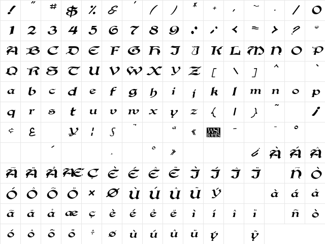 Gregorian Italic Character Map