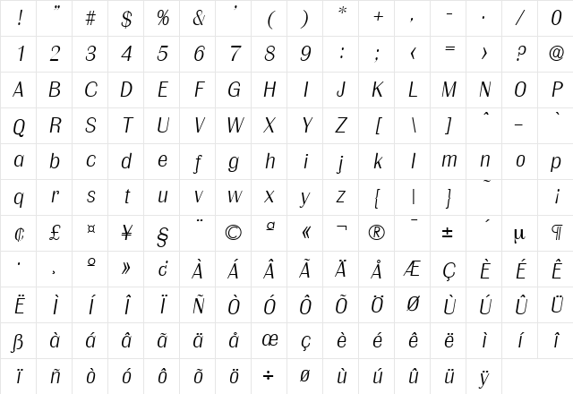 Grenoble-Serial-ExtraLight RegularItalic Character Map Grenoble-Serial-ExtraLight RegularItalic Character Map