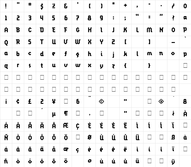 LunatixBold Medium Character Map